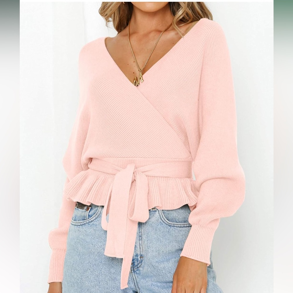 NEW ZESICA Wrap V Neck Ruffle Knitted Sweater Pullover Top, pink